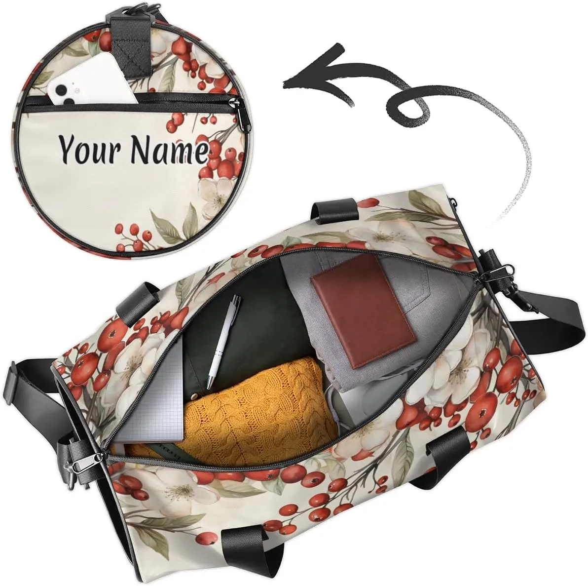 Personalized Duffel Bag for Women, Custom Flower Berries Gym Bag for Sports, Waterproof Dance Bag with Name, Lightweight Carryon Gym Bag, Branches Berries
