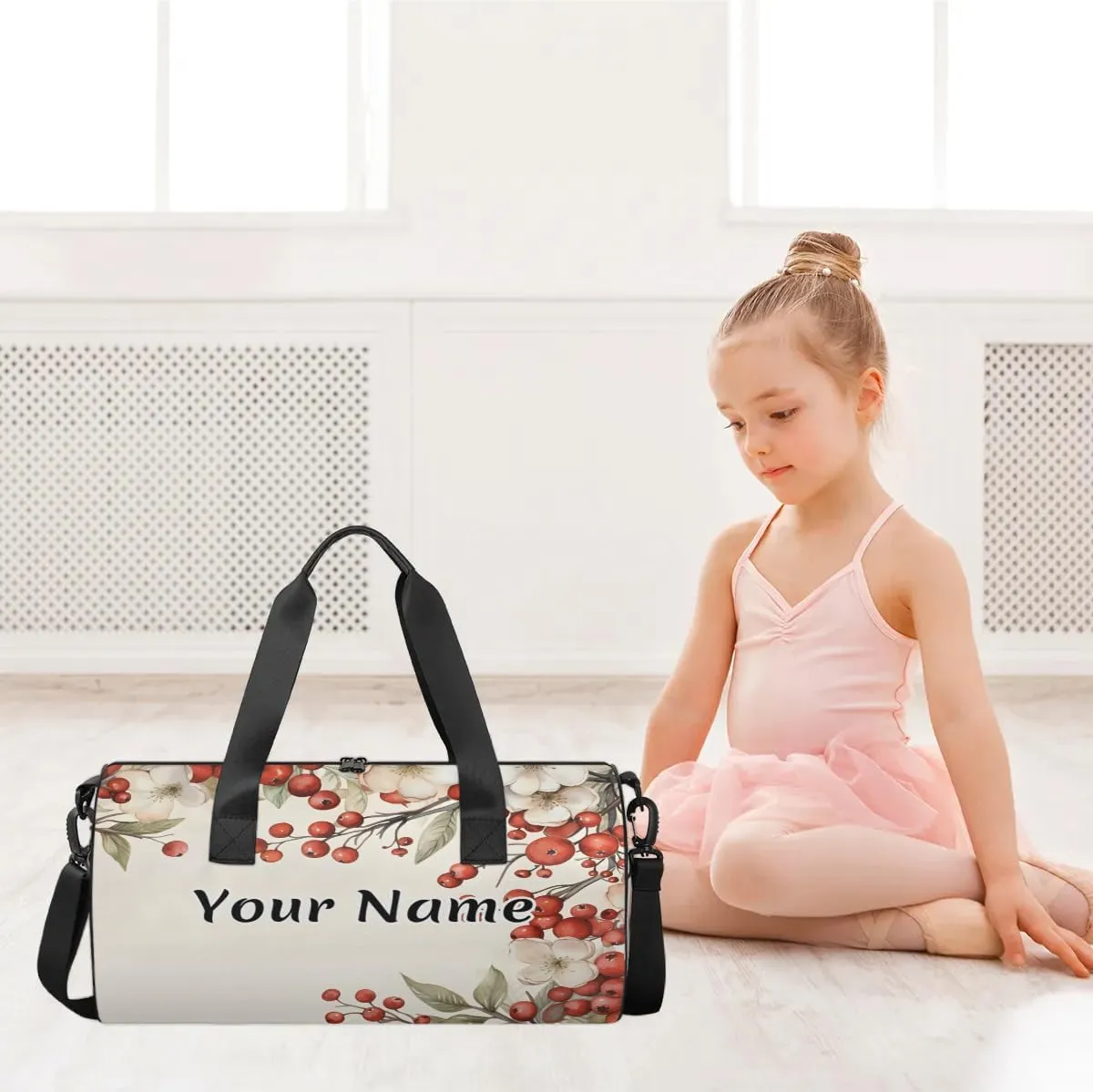 Personalized Duffel Bag for Women, Custom Flower Berries Gym Bag for Sports, Waterproof Dance Bag with Name, Lightweight Carryon Gym Bag, Branches Berries