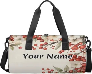 Personalized Duffel Bag for Women, Custom Flower Berries Gym Bag for Sports, Waterproof Dance Bag with Name, Lightweight Carryon Gym Bag, Branches Berries