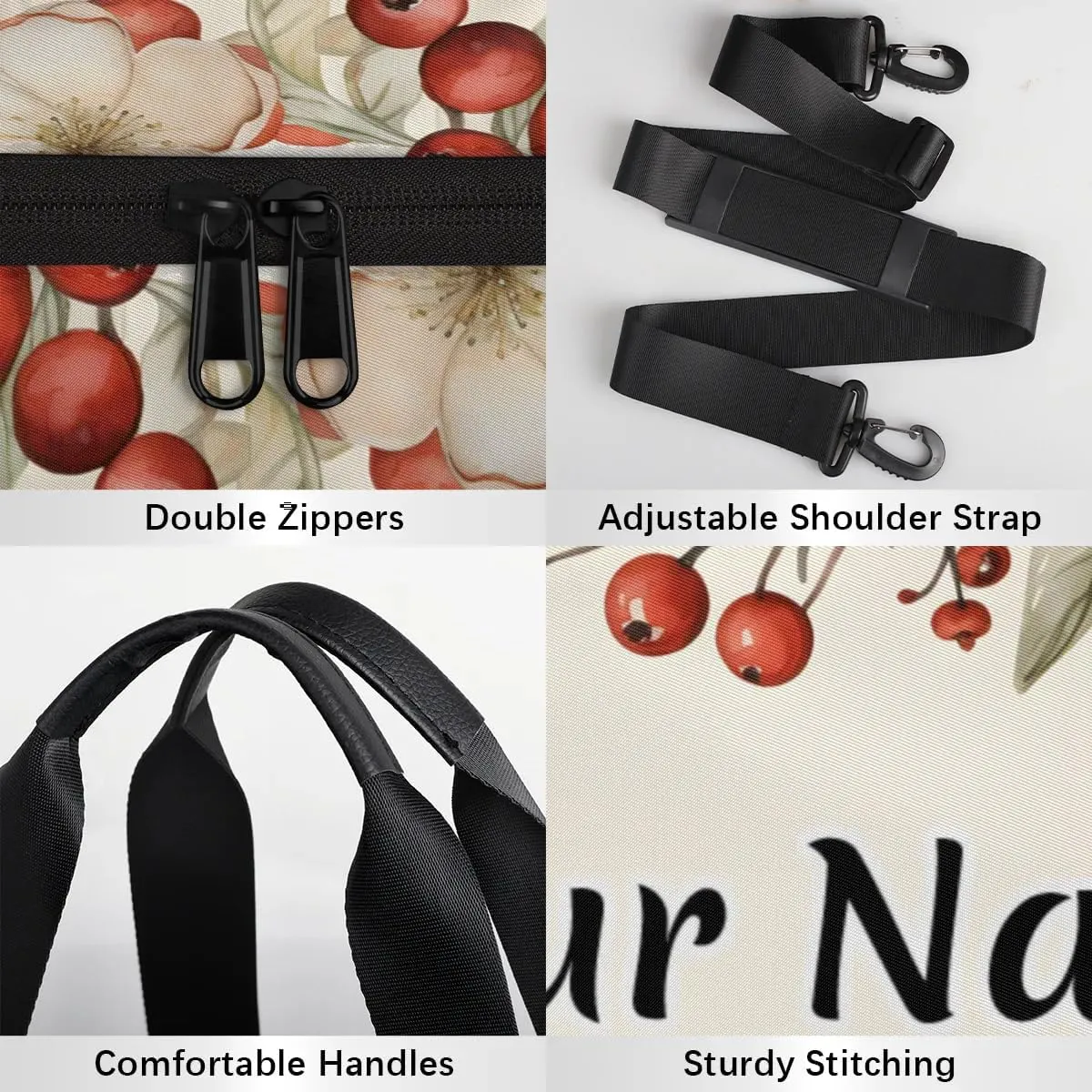 Personalized Duffel Bag for Women, Custom Flower Berries Gym Bag for Sports, Waterproof Dance Bag with Name, Lightweight Carryon Gym Bag, Branches Berries