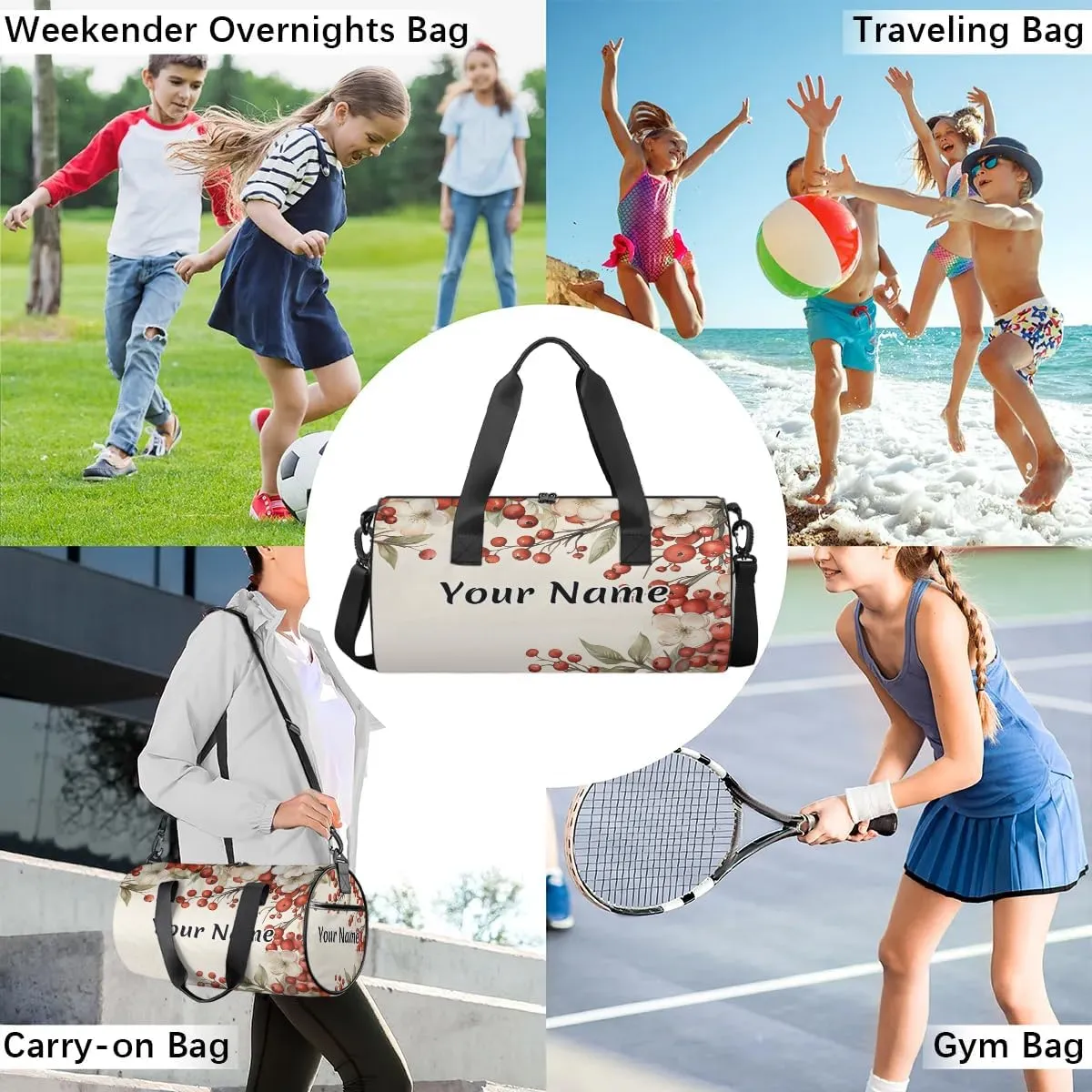 Personalized Duffel Bag for Women, Custom Flower Berries Gym Bag for Sports, Waterproof Dance Bag with Name, Lightweight Carryon Gym Bag, Branches Berries
