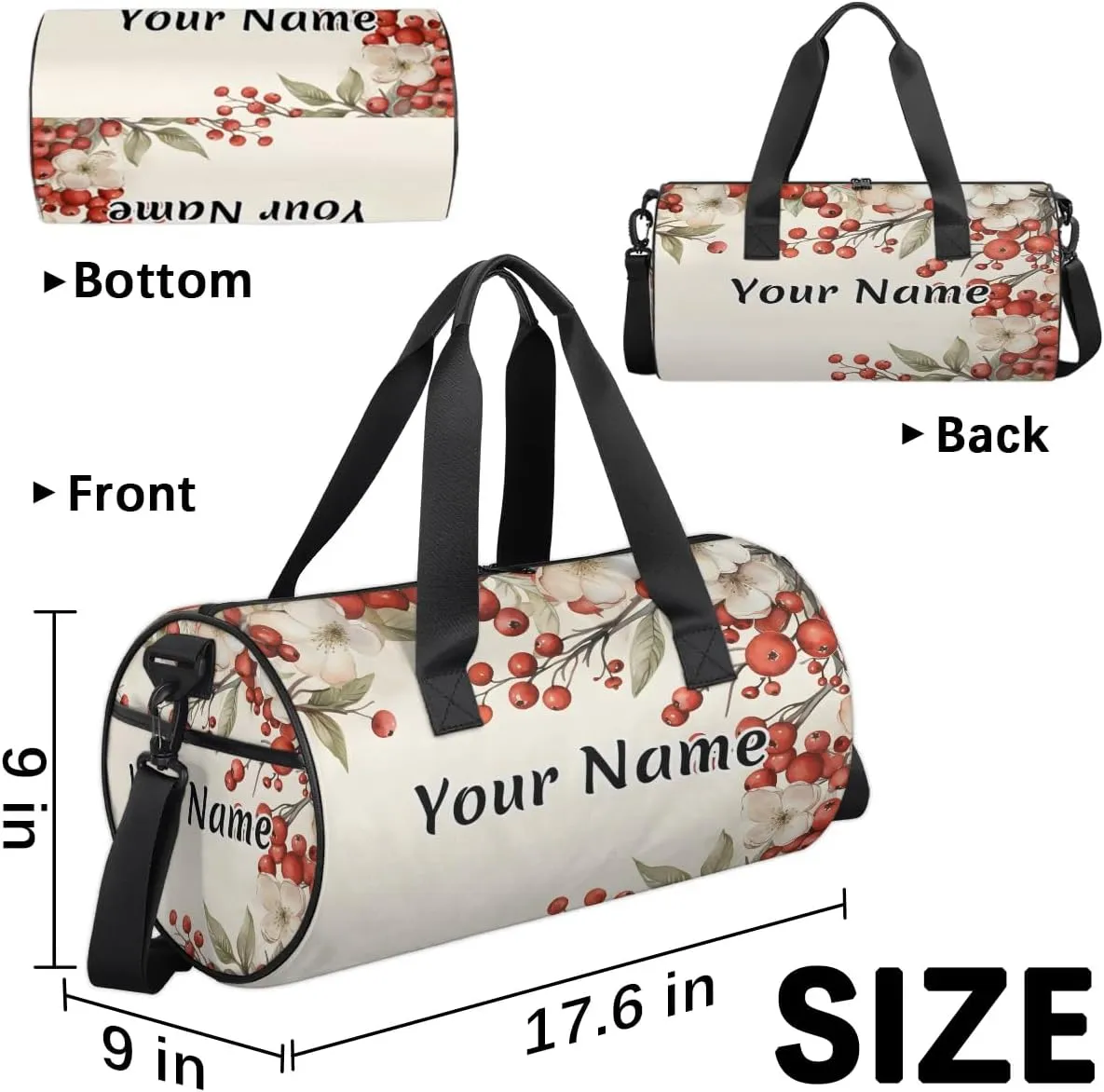 Personalized Duffel Bag for Women, Custom Flower Berries Gym Bag for Sports, Waterproof Dance Bag with Name, Lightweight Carryon Gym Bag, Branches Berries