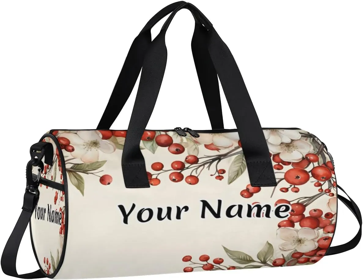 Personalized Duffel Bag for Women, Custom Flower Berries Gym Bag for Sports, Waterproof Dance Bag with Name, Lightweight Carryon Gym Bag, Branches Berries