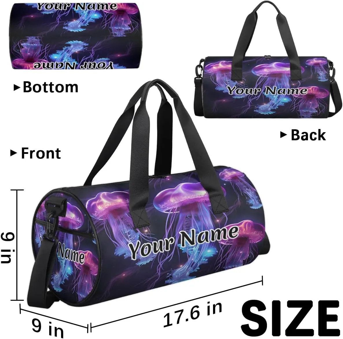 Personalized Duffel Bag for Women, Custom Ocean Jellyfish Gym Bag for Sports, Waterproof Dance Bag with Name, Lightweight Carryon Gym Bag, Cute Jellyfish
