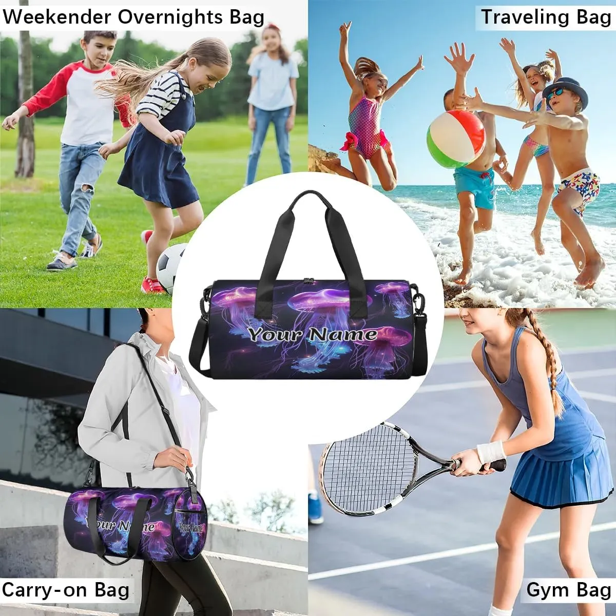 Personalized Duffel Bag for Women, Custom Ocean Jellyfish Gym Bag for Sports, Waterproof Dance Bag with Name, Lightweight Carryon Gym Bag, Cute Jellyfish