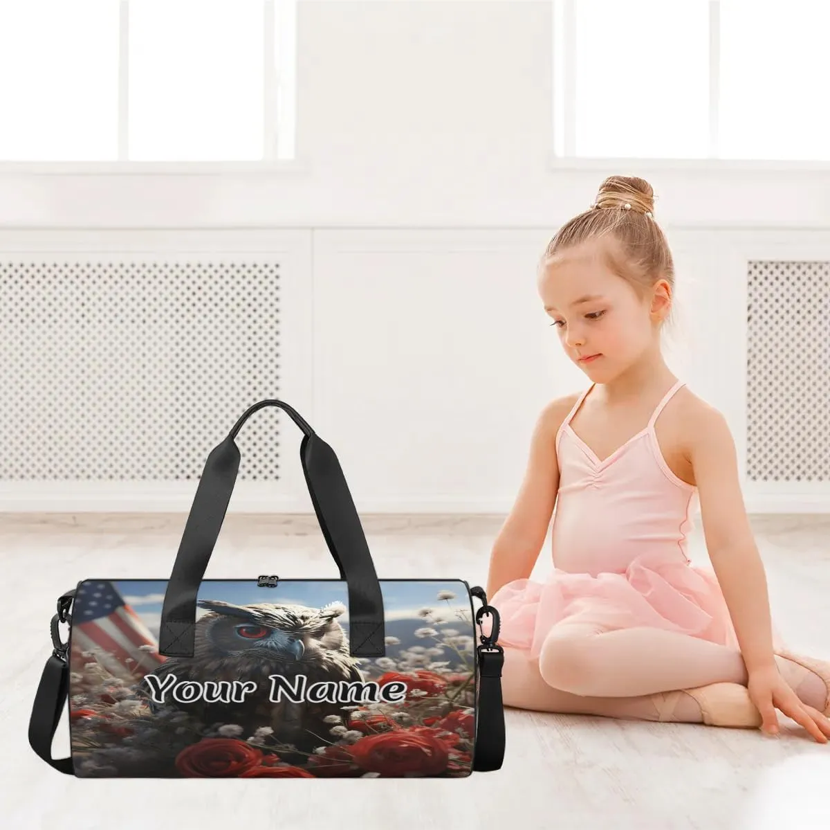 Personalized Duffel Bag for Women, Custom US Flag Print Gym Bag for Sports, Waterproof Dance Bag with Name, Lightweight Carryon Gym Bag, Eagles Rose