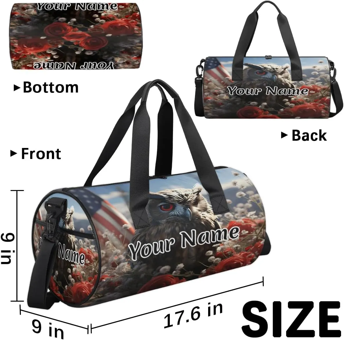 Personalized Duffel Bag for Women, Custom US Flag Print Gym Bag for Sports, Waterproof Dance Bag with Name, Lightweight Carryon Gym Bag, Eagles Rose