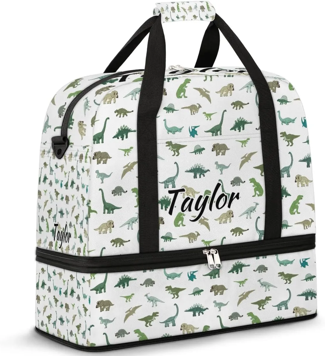 Personalized Duffel Bag with Name, Custom Cute Dinosaur Travel Sports Gym Yoga Beach Bag Customized Weekender Overnight Bag with Shoes Compartment for Women, Dinosaur