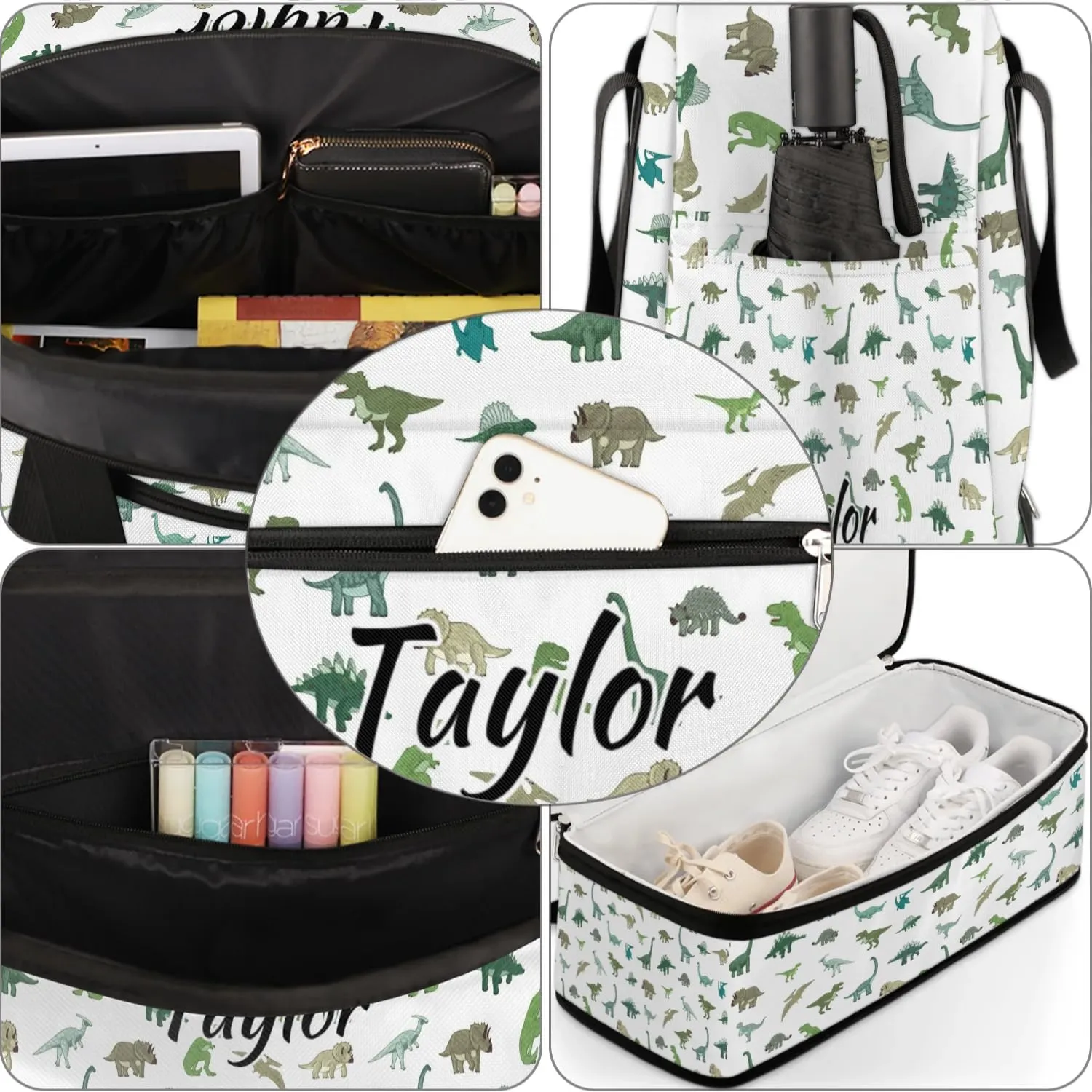 Personalized Duffel Bag with Name, Custom Cute Dinosaur Travel Sports Gym Yoga Beach Bag Customized Weekender Overnight Bag with Shoes Compartment for Women, Dinosaur