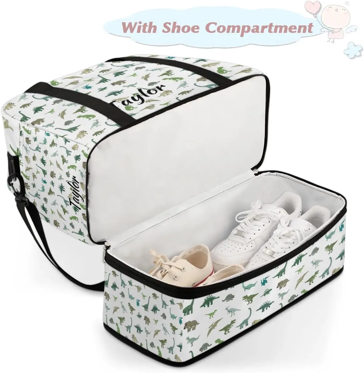 Personalized Duffel Bag with Name, Custom Cute Dinosaur Travel Sports Gym Yoga Beach Bag Customized Weekender Overnight Bag with Shoes Compartment for Women, Dinosaur
