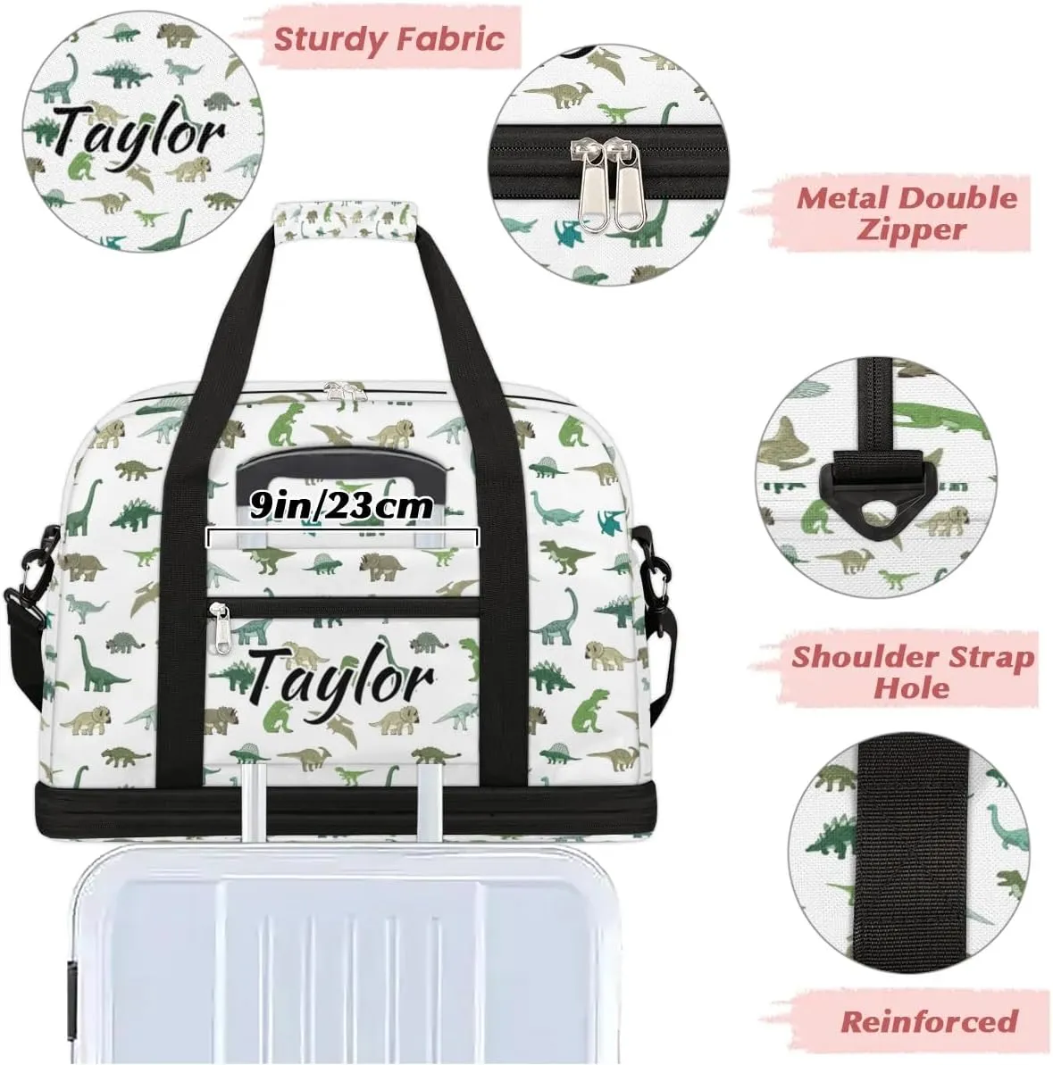 Personalized Duffel Bag with Name, Custom Cute Dinosaur Travel Sports Gym Yoga Beach Bag Customized Weekender Overnight Bag with Shoes Compartment for Women, Dinosaur