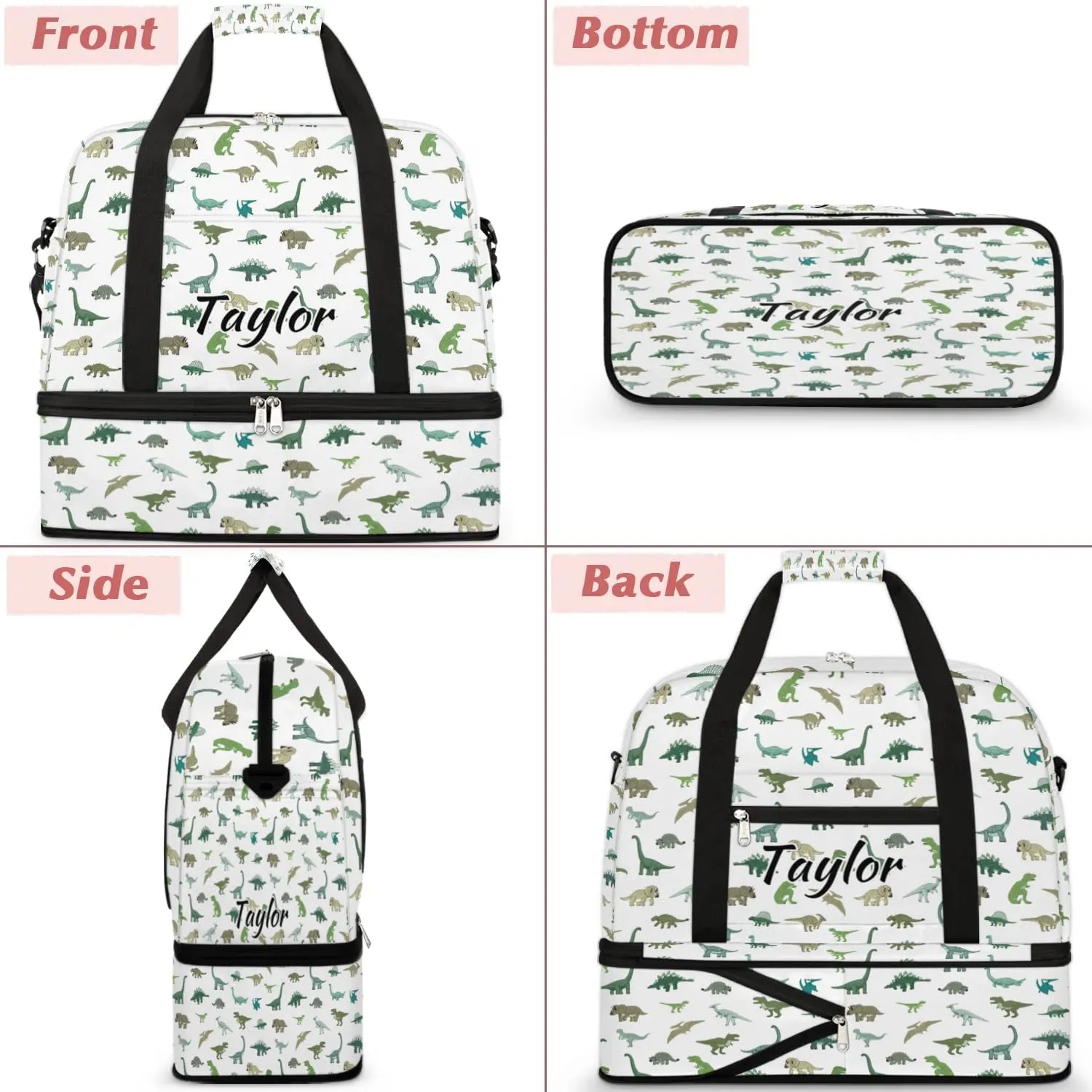 Personalized Duffel Bag with Name, Custom Cute Dinosaur Travel Sports Gym Yoga Beach Bag Customized Weekender Overnight Bag with Shoes Compartment for Women, Dinosaur