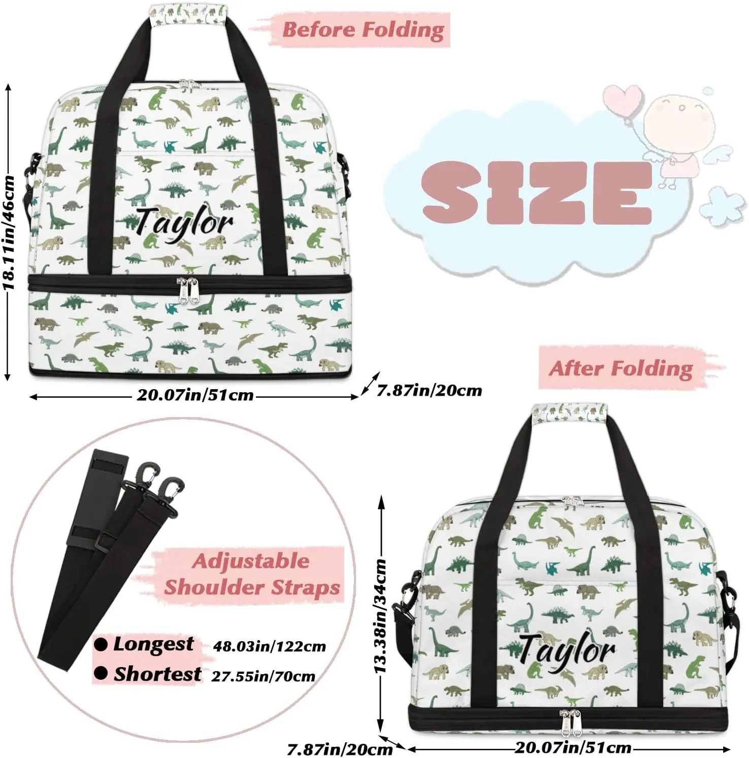Personalized Duffel Bag with Name, Custom Cute Dinosaur Travel Sports Gym Yoga Beach Bag Customized Weekender Overnight Bag with Shoes Compartment for Women, Dinosaur