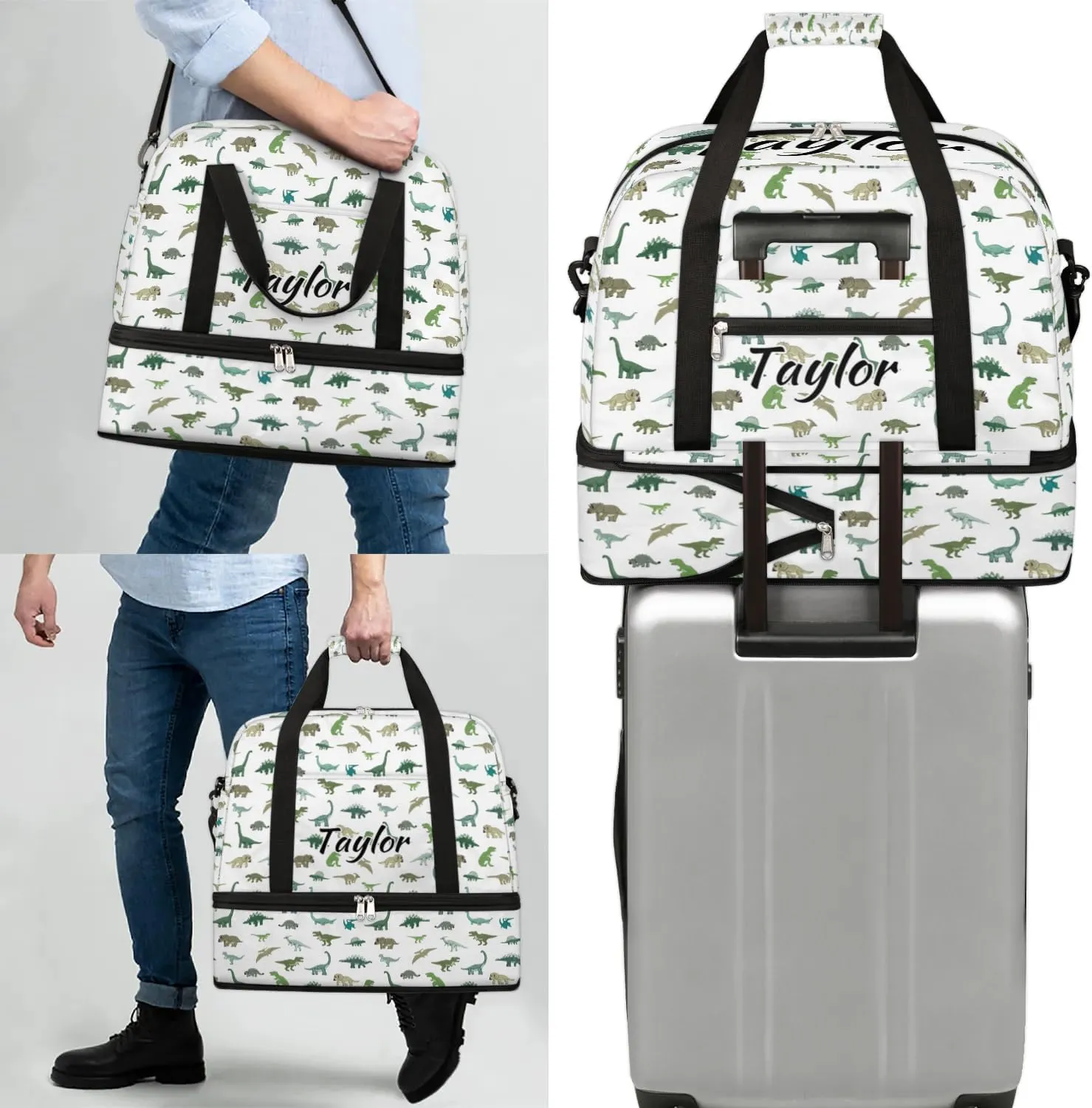 Personalized Duffel Bag with Name, Custom Cute Dinosaur Travel Sports Gym Yoga Beach Bag Customized Weekender Overnight Bag with Shoes Compartment for Women, Dinosaur
