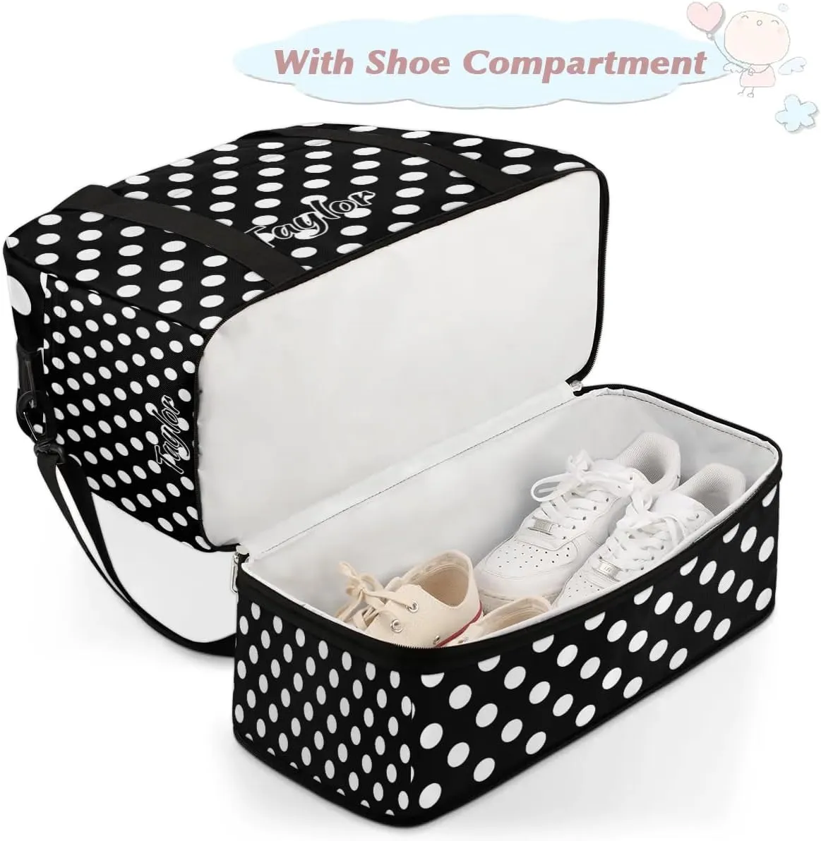 Personalized Duffel Bag with Name, Custom White Polka Dot Travel Sports Gym Yoga Beach Bag Customized Weekender Overnight Bag with Shoes Compartment for Women, Polka Dot