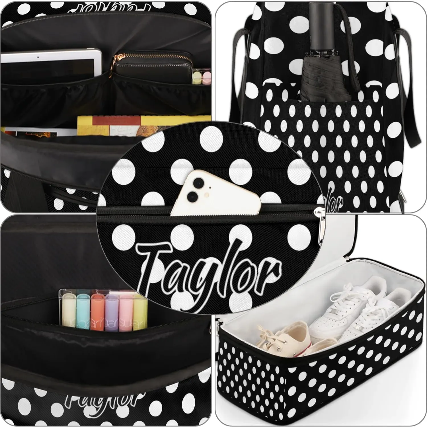 Personalized Duffel Bag with Name, Custom White Polka Dot Travel Sports Gym Yoga Beach Bag Customized Weekender Overnight Bag with Shoes Compartment for Women, Polka Dot