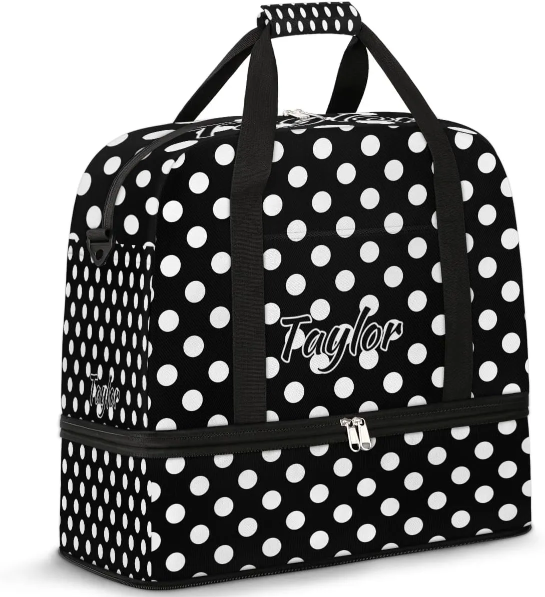 Personalized Duffel Bag with Name, Custom White Polka Dot Travel Sports Gym Yoga Beach Bag Customized Weekender Overnight Bag with Shoes Compartment for Women, Polka Dot