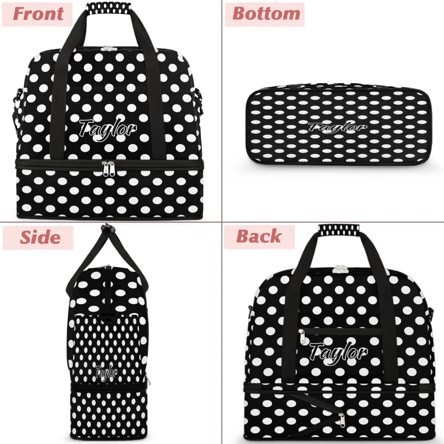 Personalized Duffel Bag with Name, Custom White Polka Dot Travel Sports Gym Yoga Beach Bag Customized Weekender Overnight Bag with Shoes Compartment for Women, Polka Dot
