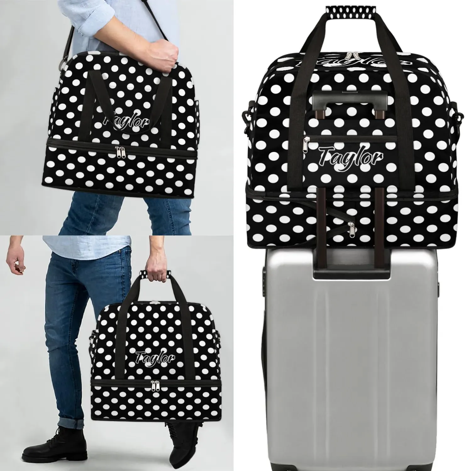 Personalized Duffel Bag with Name, Custom White Polka Dot Travel Sports Gym Yoga Beach Bag Customized Weekender Overnight Bag with Shoes Compartment for Women, Polka Dot