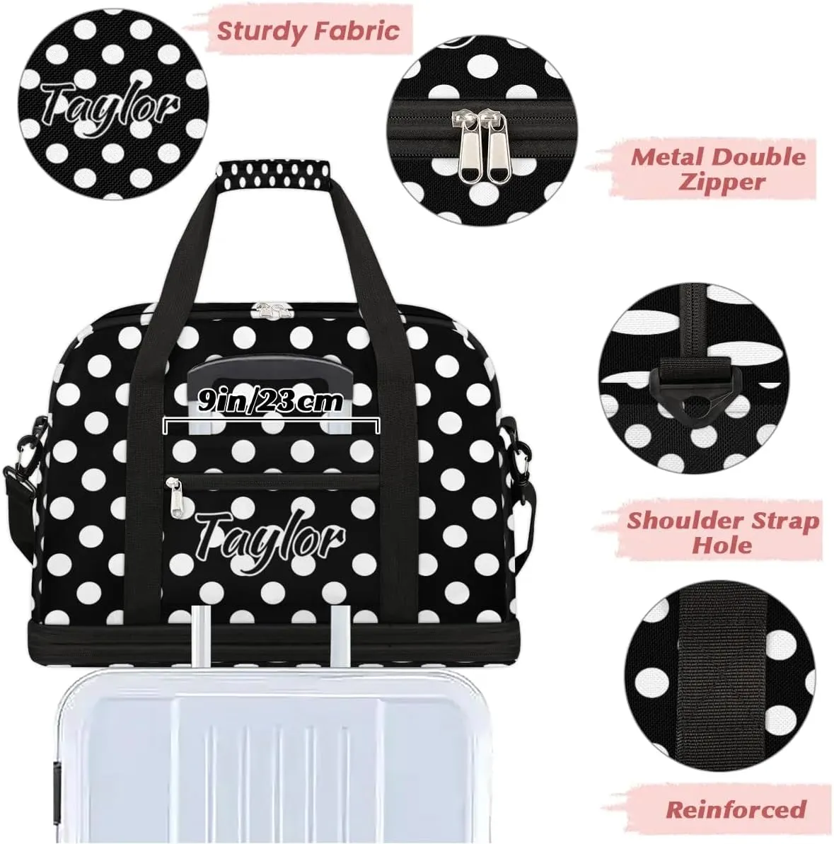 Personalized Duffel Bag with Name, Custom White Polka Dot Travel Sports Gym Yoga Beach Bag Customized Weekender Overnight Bag with Shoes Compartment for Women, Polka Dot