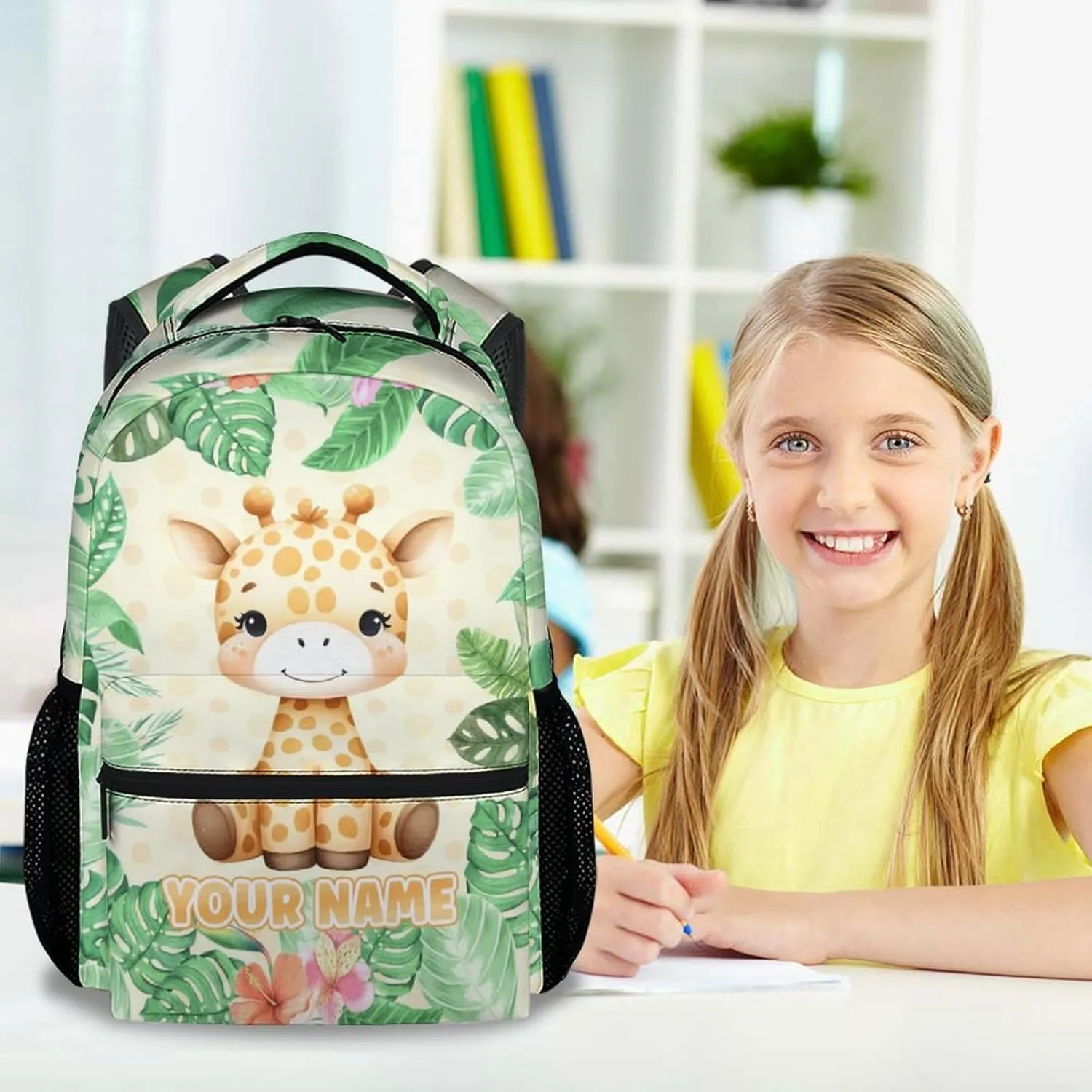 Personalized Giraffe School Backpack for Teens - 17 Inch Green Backpacks for Girls 10-12 Years - Lightweight Cute Bookbag for Middle School