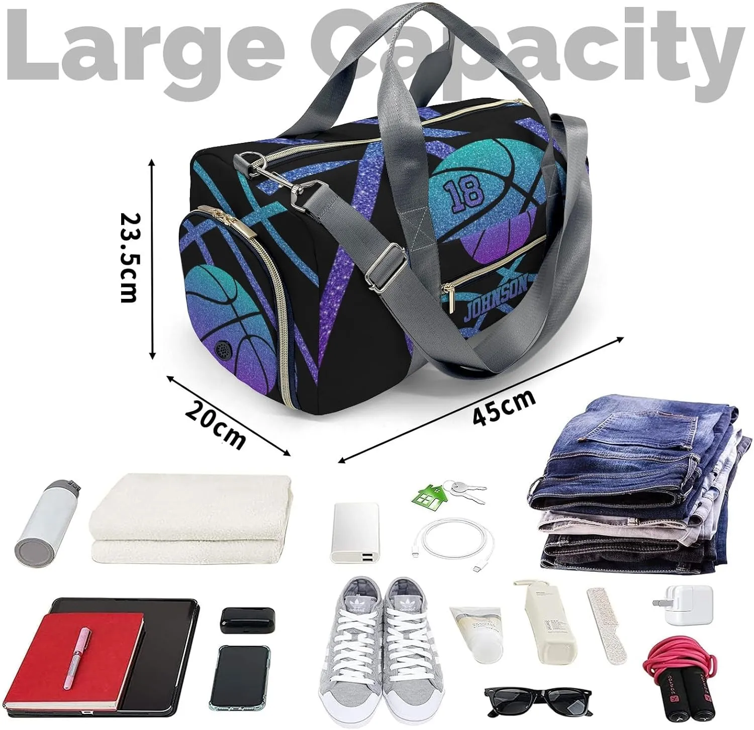 Personalized Gym Bag,Custom Name Basketball Ombre Sport Duffel Bag Weekender Carry On Travel Duffel Bag