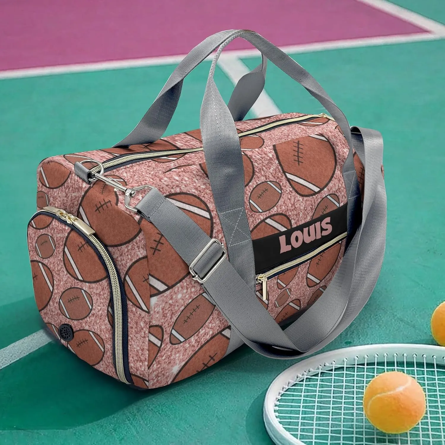 Personalized Gym Bag,Custom Name Football Gliiter Print Pink Rose Sport Duffel Bag Weekender Carry On Travel Duffel Bag
