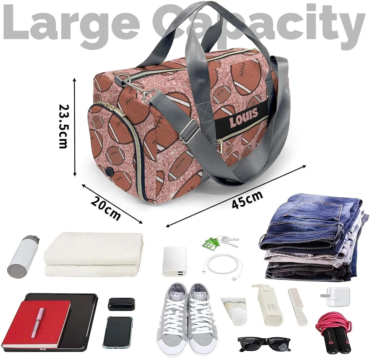 Personalized Gym Bag,Custom Name Football Gliiter Print Pink Rose Sport Duffel Bag Weekender Carry On Travel Duffel Bag