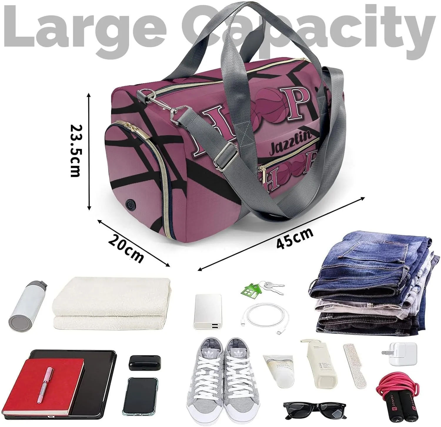 Personalized Hoop it Basketball Red Plum Duffel Bag,Customized Sport Player Travel Bag for Gifts