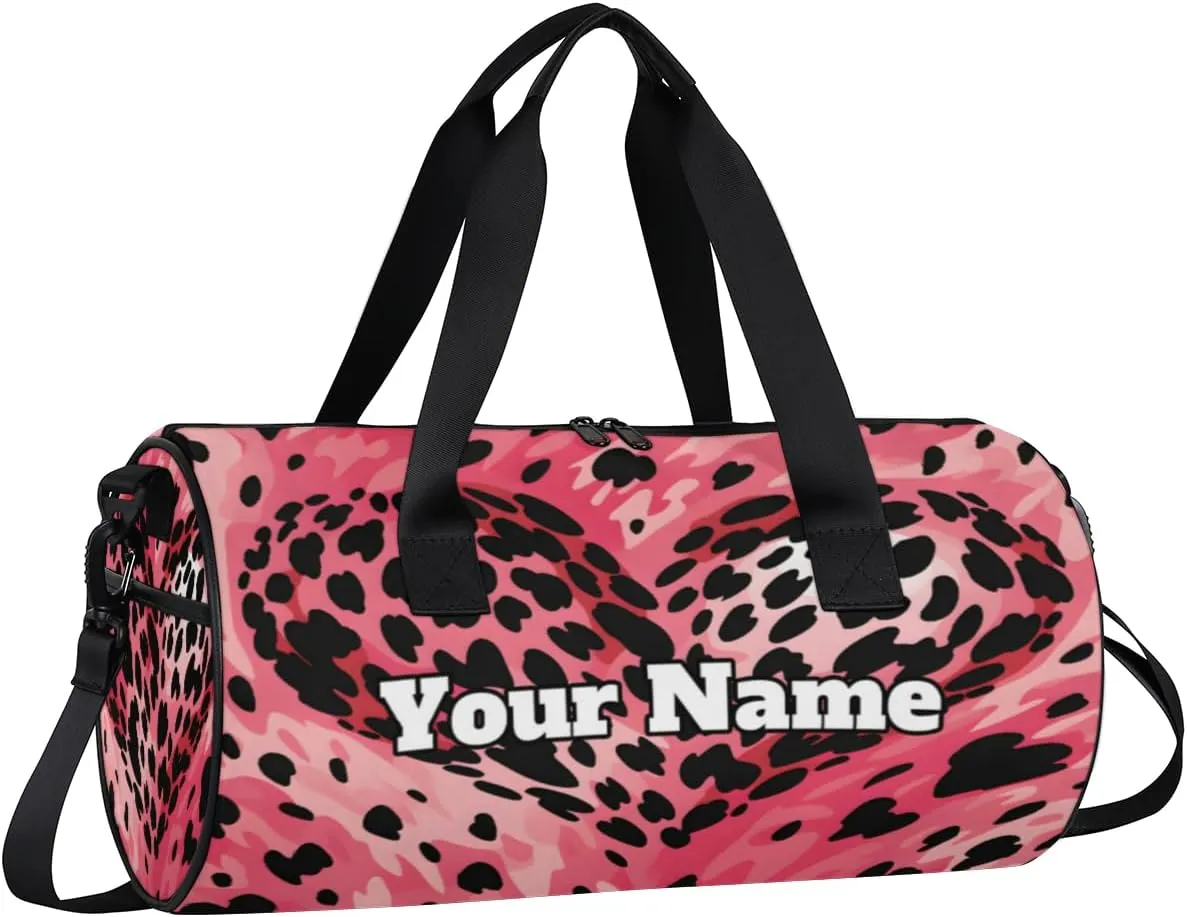 Personalized Leopard Sport Gym Bag, Custom Name Duffel Bags for Men, Waterproof Custom Sport Duffel Bag, Gymnastics Dance, Valentine's Day Heart