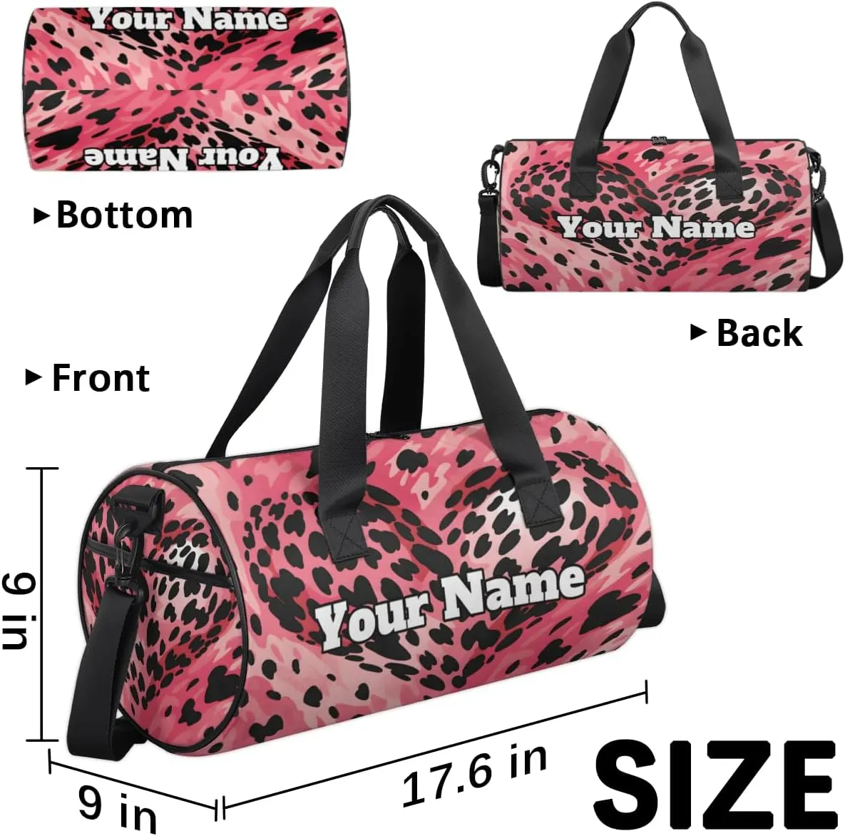 Personalized Leopard Sport Gym Bag, Custom Name Duffel Bags for Men, Waterproof Custom Sport Duffel Bag, Gymnastics Dance, Valentine's Day Heart