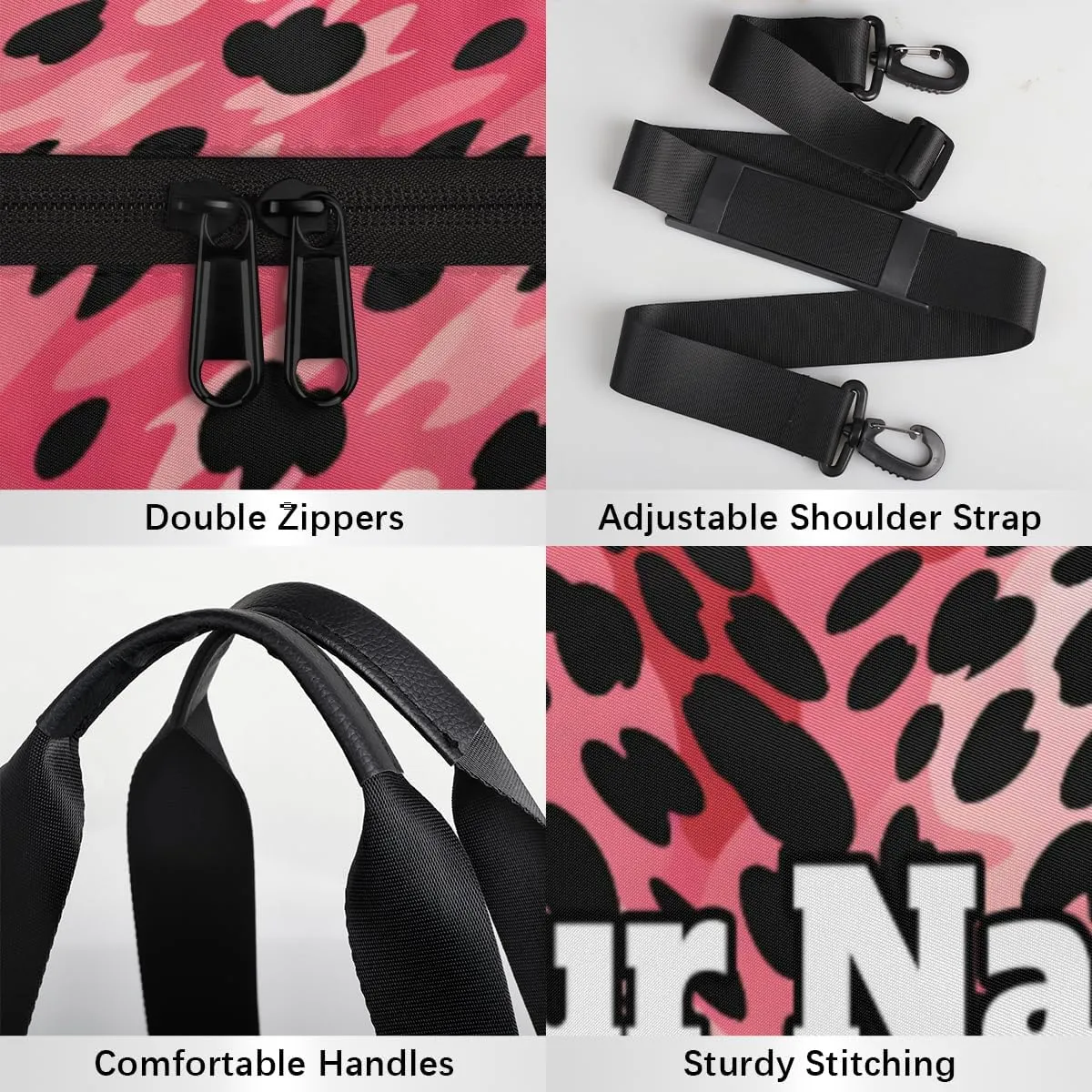 Personalized Leopard Sport Gym Bag, Custom Name Duffel Bags for Men, Waterproof Custom Sport Duffel Bag, Gymnastics Dance, Valentine's Day Heart