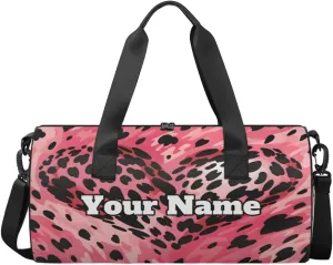 Personalized Leopard Sport Gym Bag, Custom Name Duffel Bags for Men, Waterproof Custom Sport Duffel Bag, Gymnastics Dance, Valentine's Day Heart