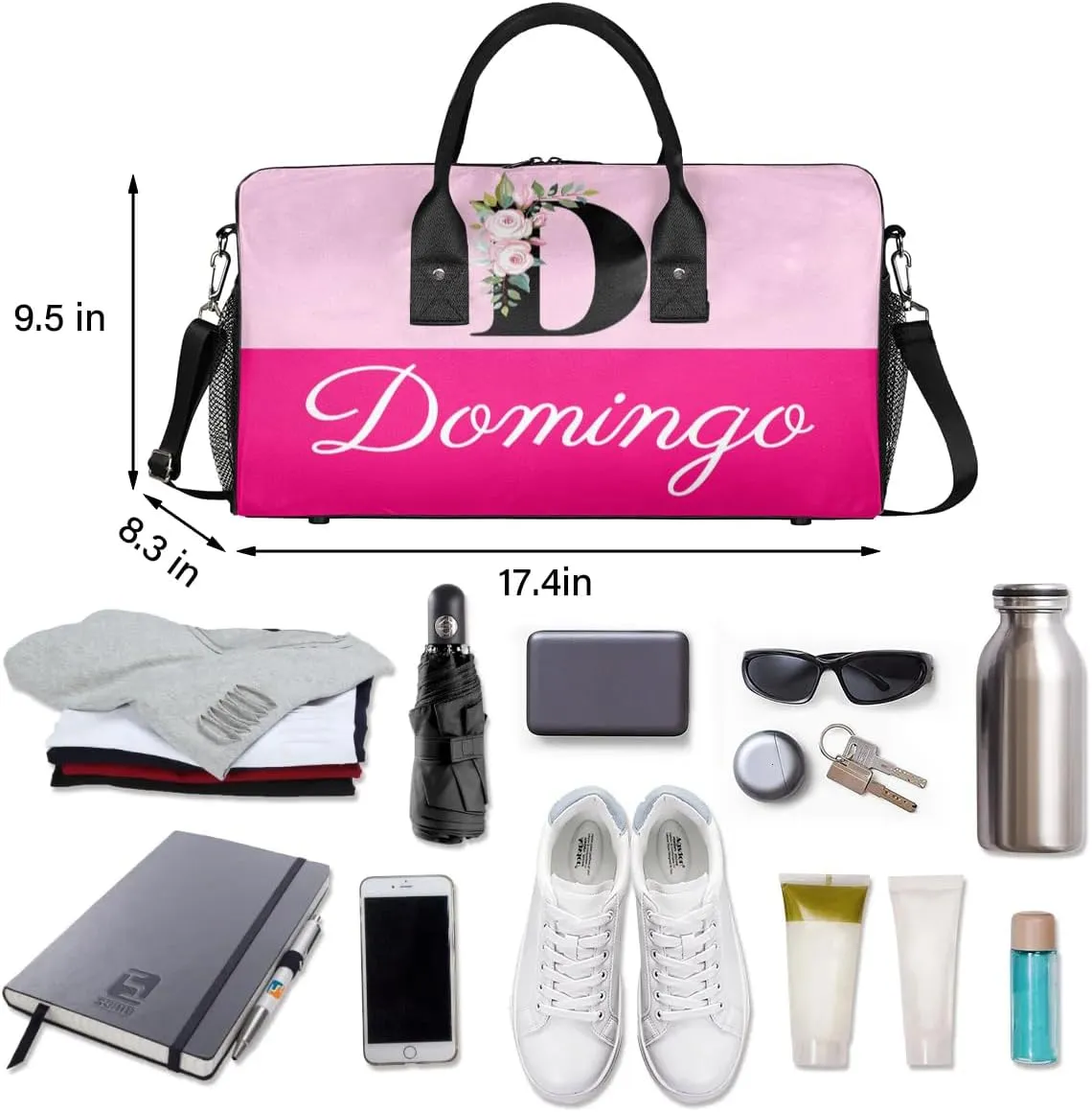 Personalized Monogrammed Duffel Overnight Bag 17.4 inch Custom Name Letter D Floral Initial Gym Sports Bag Carry On Sleepover Bag Travel Weekender Tote Lightweight Shoulder Bag