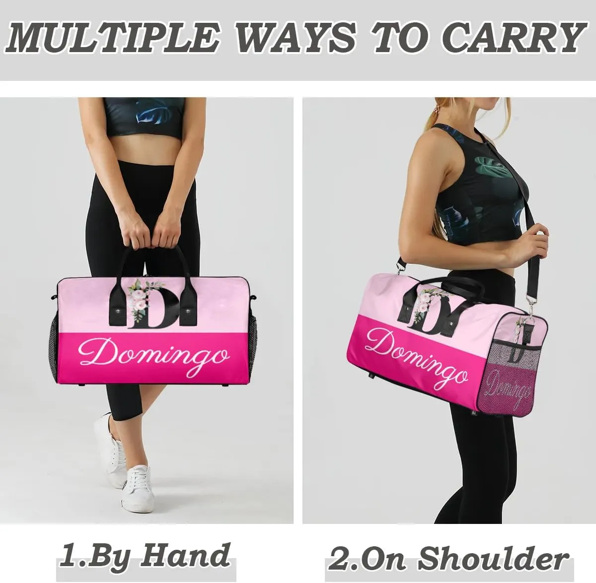 Personalized Monogrammed Duffel Overnight Bag 17.4 inch Custom Name Letter D Floral Initial Gym Sports Bag Carry On Sleepover Bag Travel Weekender Tote Lightweight Shoulder Bag