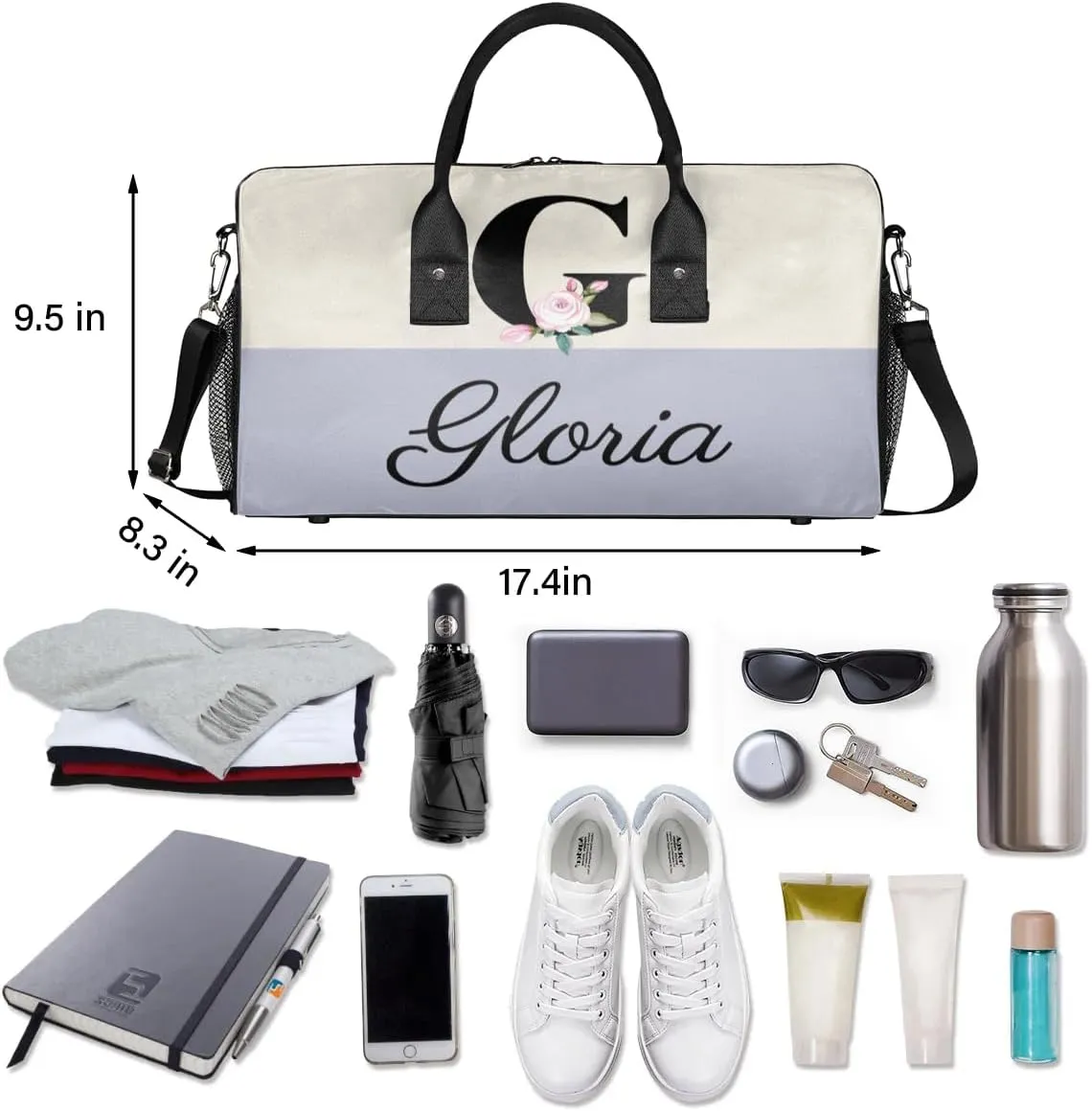 Personalized Monogrammed Duffel Overnight Bag 17.4 inch Custom Name Letter G Floral Initial Gym Sports Bag Carry On Sleepover Bag Travel Weekender Tote Lightweight Shoulder Bag