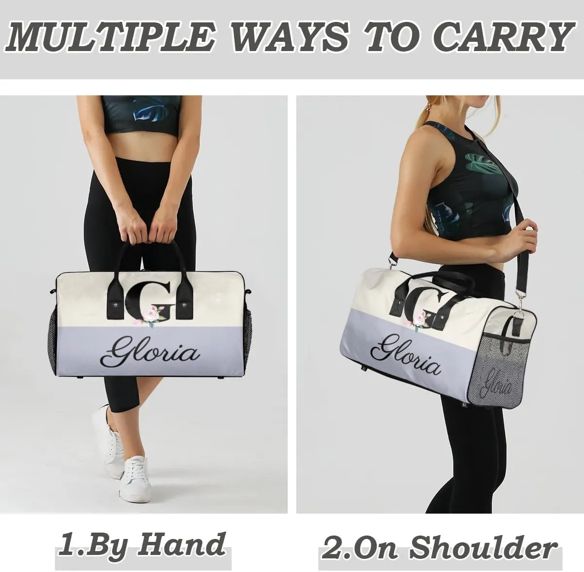 Personalized Monogrammed Duffel Overnight Bag 17.4 inch Custom Name Letter G Floral Initial Gym Sports Bag Carry On Sleepover Bag Travel Weekender Tote Lightweight Shoulder Bag