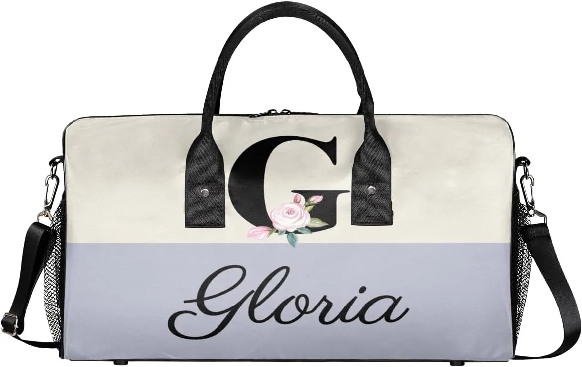 Personalized Monogrammed Duffel Overnight Bag 17.4 inch Custom Name Letter G Floral Initial Gym Sports Bag Carry On Sleepover Bag Travel Weekender Tote Lightweight Shoulder Bag