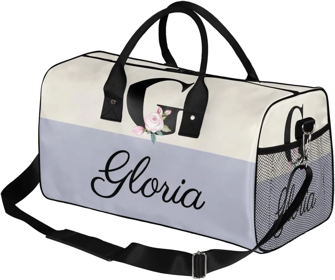 Personalized Monogrammed Duffel Overnight Bag 17.4 inch Custom Name Letter G Floral Initial Gym Sports Bag Carry On Sleepover Bag Travel Weekender Tote Lightweight Shoulder Bag