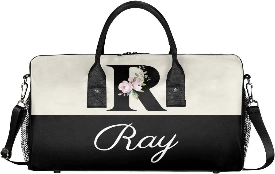 Personalized Monogrammed Duffel Overnight Bag 17.4 inch Custom Name Letter R Floral Initial Gym Sports Bag Carry On Sleepover Bag Travel Weekender Tote Lightweight Shoulder Bag