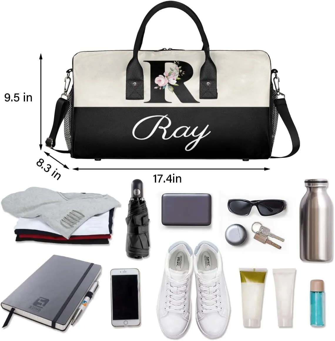 Personalized Monogrammed Duffel Overnight Bag 17.4 inch Custom Name Letter R Floral Initial Gym Sports Bag Carry On Sleepover Bag Travel Weekender Tote Lightweight Shoulder Bag