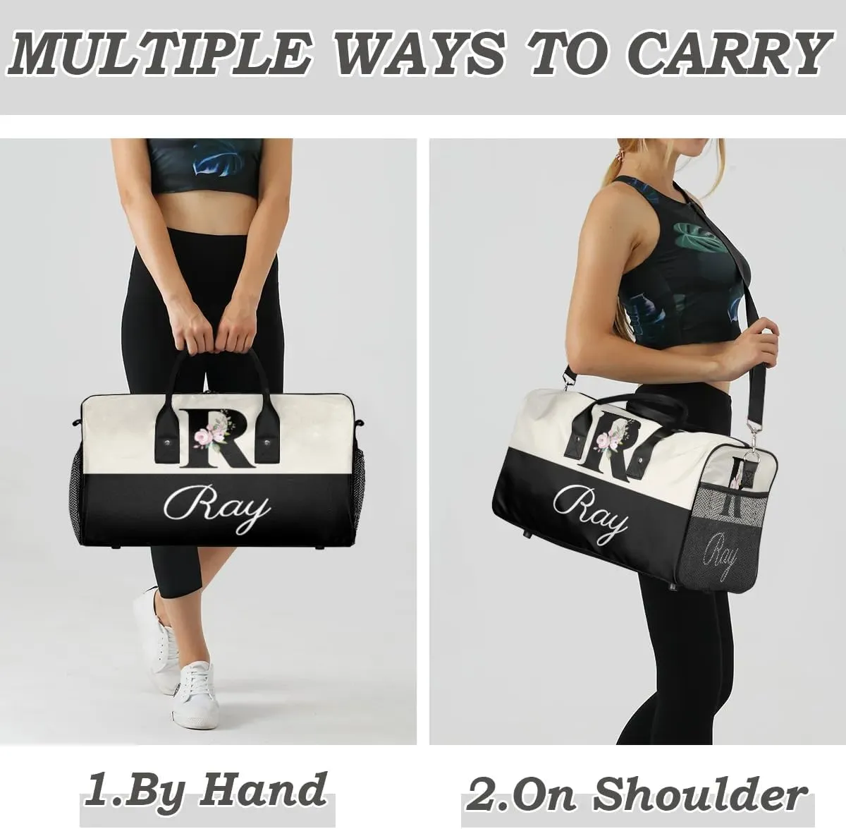Personalized Monogrammed Duffel Overnight Bag 17.4 inch Custom Name Letter R Floral Initial Gym Sports Bag Carry On Sleepover Bag Travel Weekender Tote Lightweight Shoulder Bag