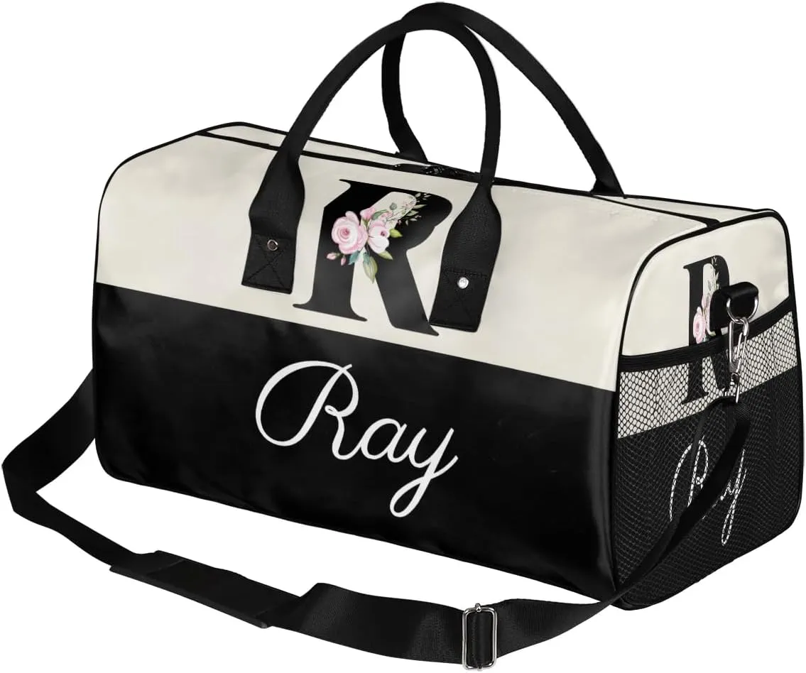 Personalized Monogrammed Duffel Overnight Bag 17.4 inch Custom Name Letter R Floral Initial Gym Sports Bag Carry On Sleepover Bag Travel Weekender Tote Lightweight Shoulder Bag