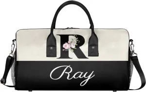 Personalized Monogrammed Duffel Overnight Bag 17.4 inch Custom Name Letter R Floral Initial Gym Sports Bag Carry On Sleepover Bag Travel Weekender Tote Lightweight Shoulder Bag