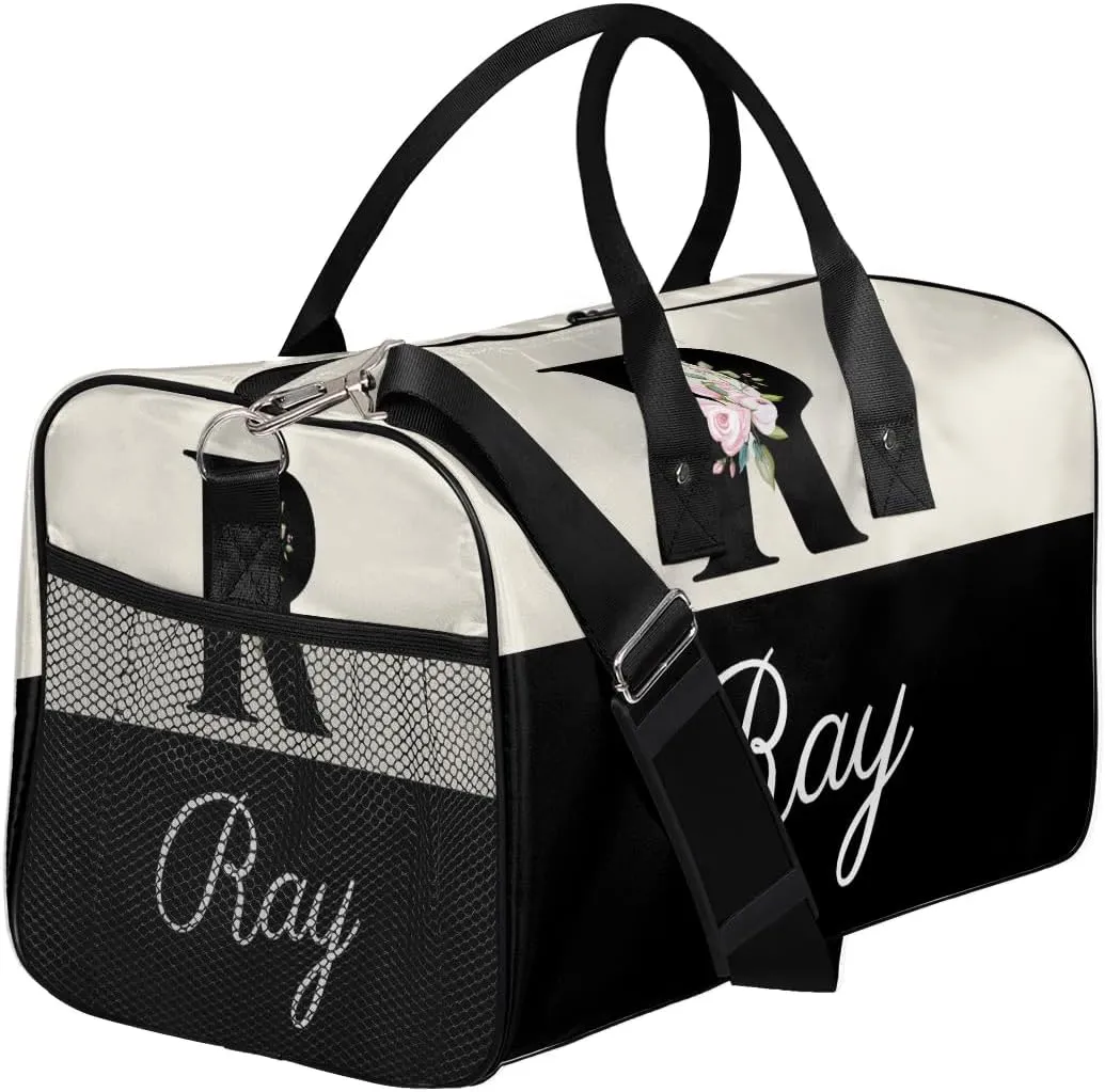 Personalized Monogrammed Duffel Overnight Bag 17.4 inch Custom Name Letter R Floral Initial Gym Sports Bag Carry On Sleepover Bag Travel Weekender Tote Lightweight Shoulder Bag