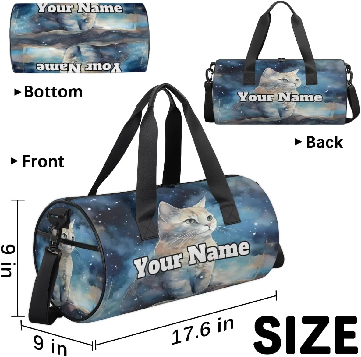 Personalized Name Gym Bag for Women, Customized Cat Cylinder Sports Bags for Men, Waterproof Weekender Bag, Duffle Bags for Travel Swim Dance, Cat Pattern