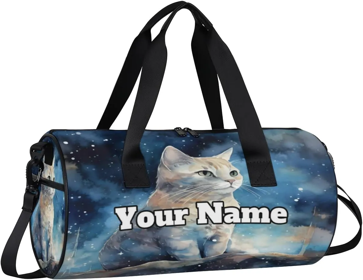 Personalized Name Gym Bag for Women, Customized Cat Cylinder Sports Bags for Men, Waterproof Weekender Bag, Duffle Bags for Travel Swim Dance, Cat Pattern