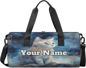 Personalized Name Gym Bag for Women, Customized Cat Cylinder Sports Bags for Men, Waterproof Weekender Bag, Duffle Bags for Travel Swim Dance, Cat Pattern
