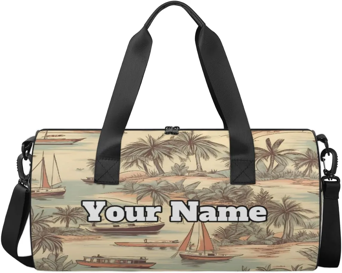 Personalized Name Gym Bag for Women, Customized Palm Trees Cylinder Sports Bags for Men, Waterproof Weekender Bag, Duffle Bags for Travel Swim Dance, Sea Beach