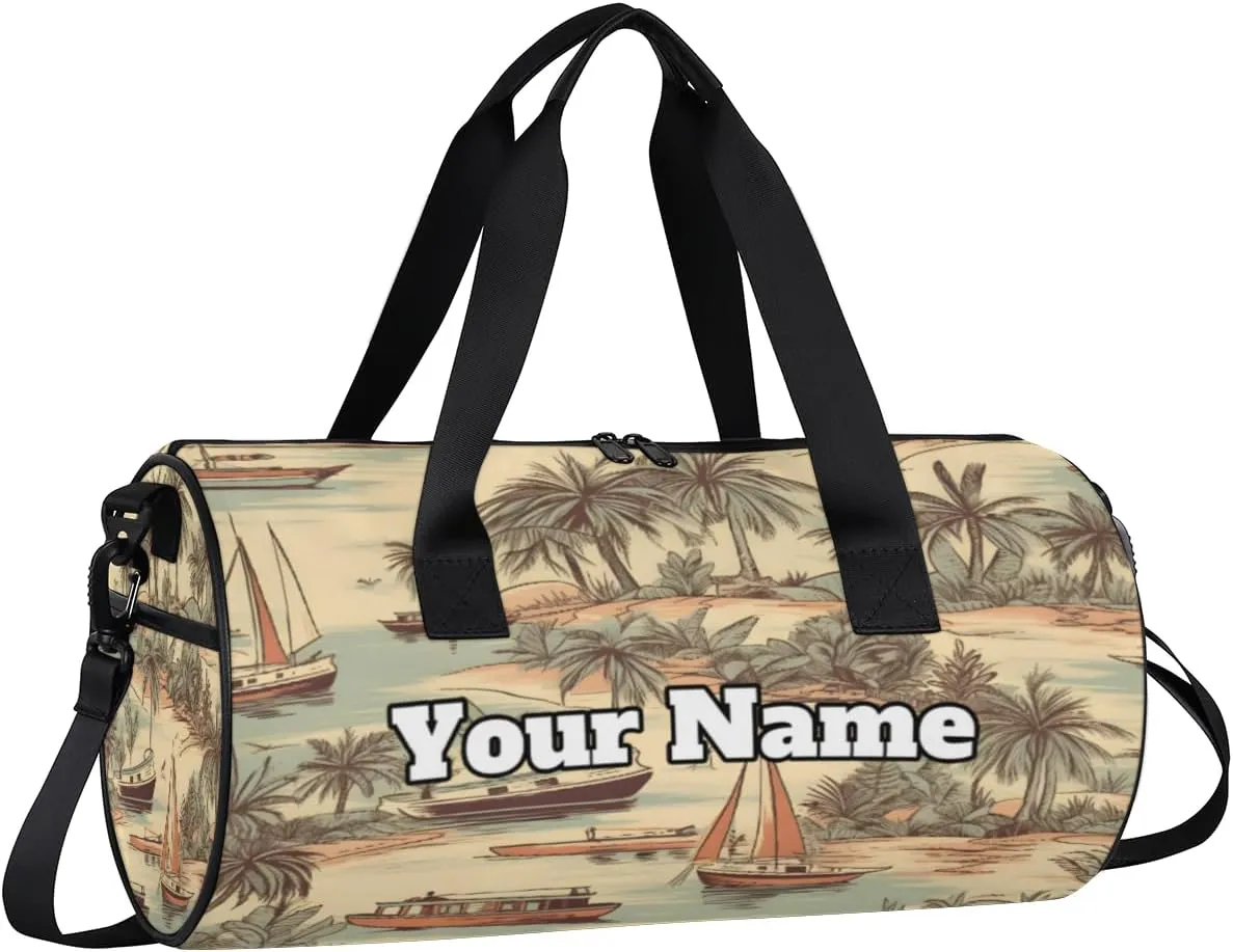 Personalized Name Gym Bag for Women, Customized Palm Trees Cylinder Sports Bags for Men, Waterproof Weekender Bag, Duffle Bags for Travel Swim Dance, Sea Beach